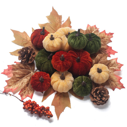 GHGMAO 21 PCS Pumpkins Decor Set, 3 Sizes Fake Velvet Pumpkin, Dark Green Brown Gold Small Foam Pumpkins for Thanksgiving Farmhouse Fall Harvest Autumn Decorations Table Centerpiece