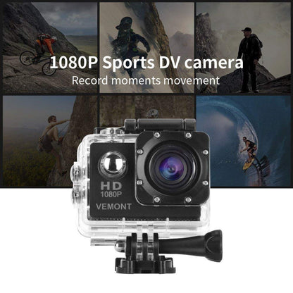 VEMONT Action Camera, 1080P 12MP Sports Camera Full HD 2.0 Inch Action Cam 30m/98ft Underwater Waterproof Snorkel surf Camera with Wide-Angle Lens and Mounting Accessories Kit