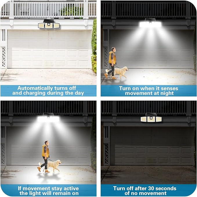 AmeriTop Solar Lights Outdoor, 2 Pack 233 LED High Brightness Cordless Solar Motion Sensor Lights; 3 Adjustable Heads, 270° Wide Angle Illumination, IP65 Waterproof, Security LED Flood Light(Daylight)
