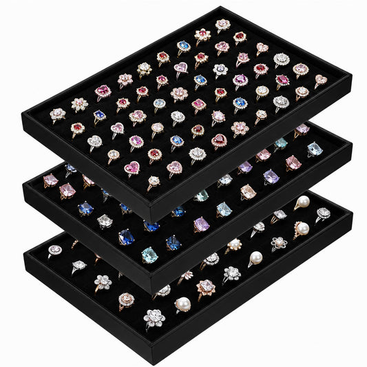 MySHUCE 3 Pcs Ring Organizer Dish Tray, Stackable Jewelry Organizer Trays for Drawer,100 Slots Rings Jewelry Displays Black Velvet Ring Jewelry Display Holder Tray for Selling or Home Show Storage