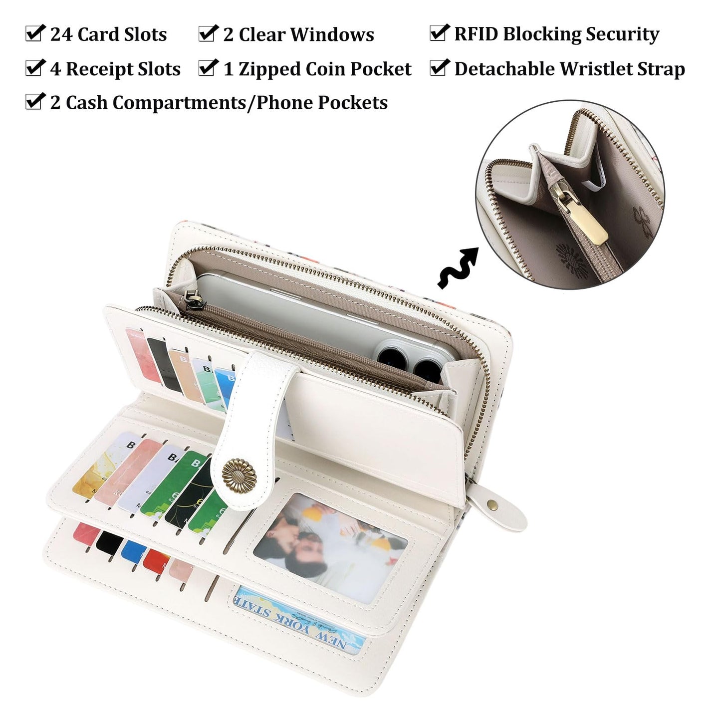 FALAN MULE Women's Wallet Leather RFID Blocking Large Capacity Trifold Ladies Wallet Wristlet Clutch Card Holder
