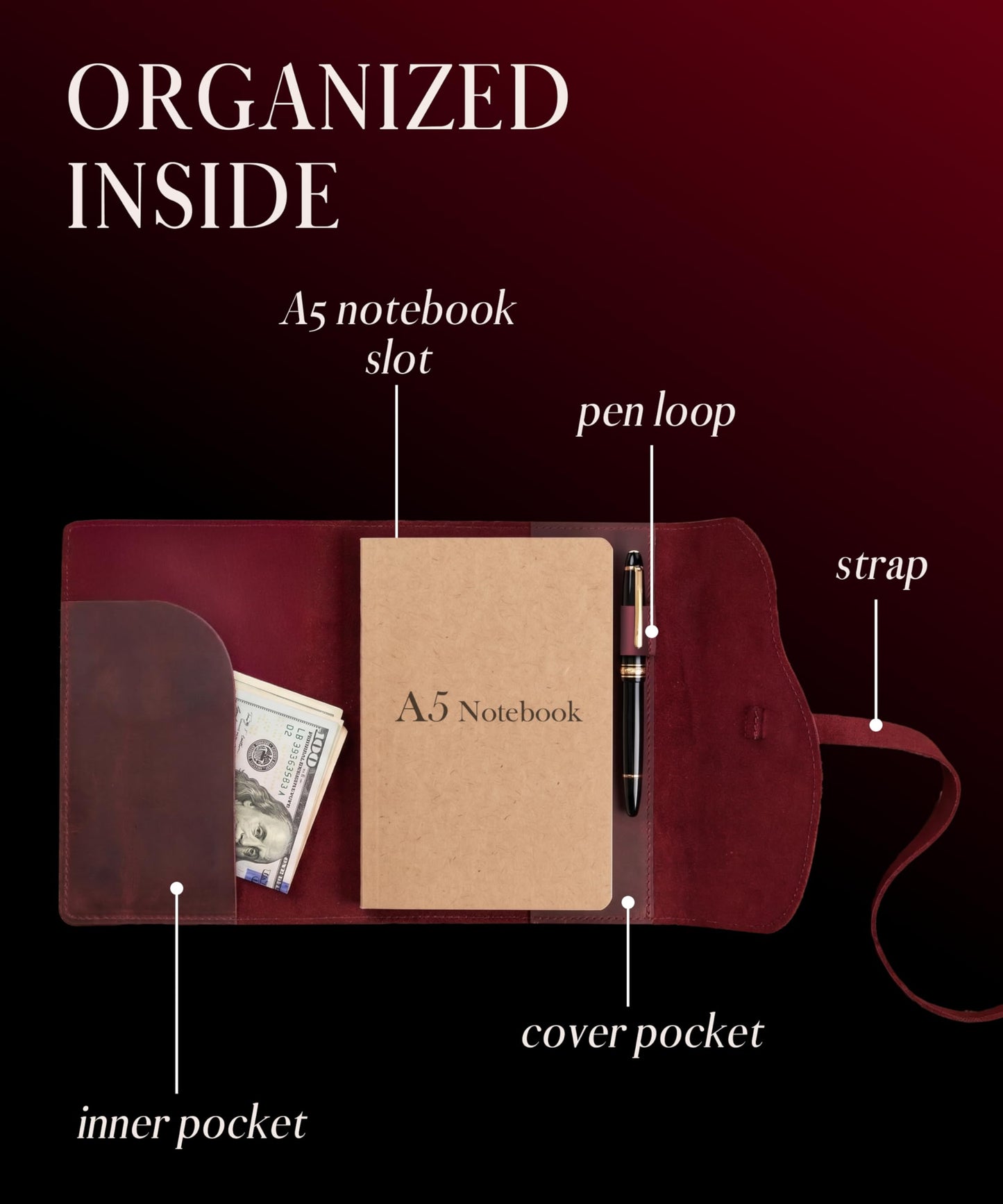 Leather Journal Cover – Refillable A5 Notebook Cover (5.8" x 8.3"), Minimalist Wrap Book Sleeve in Full Grain Leather with Strap Closure, Slim Protective Diary & Planner Cover, Inserts Not Included