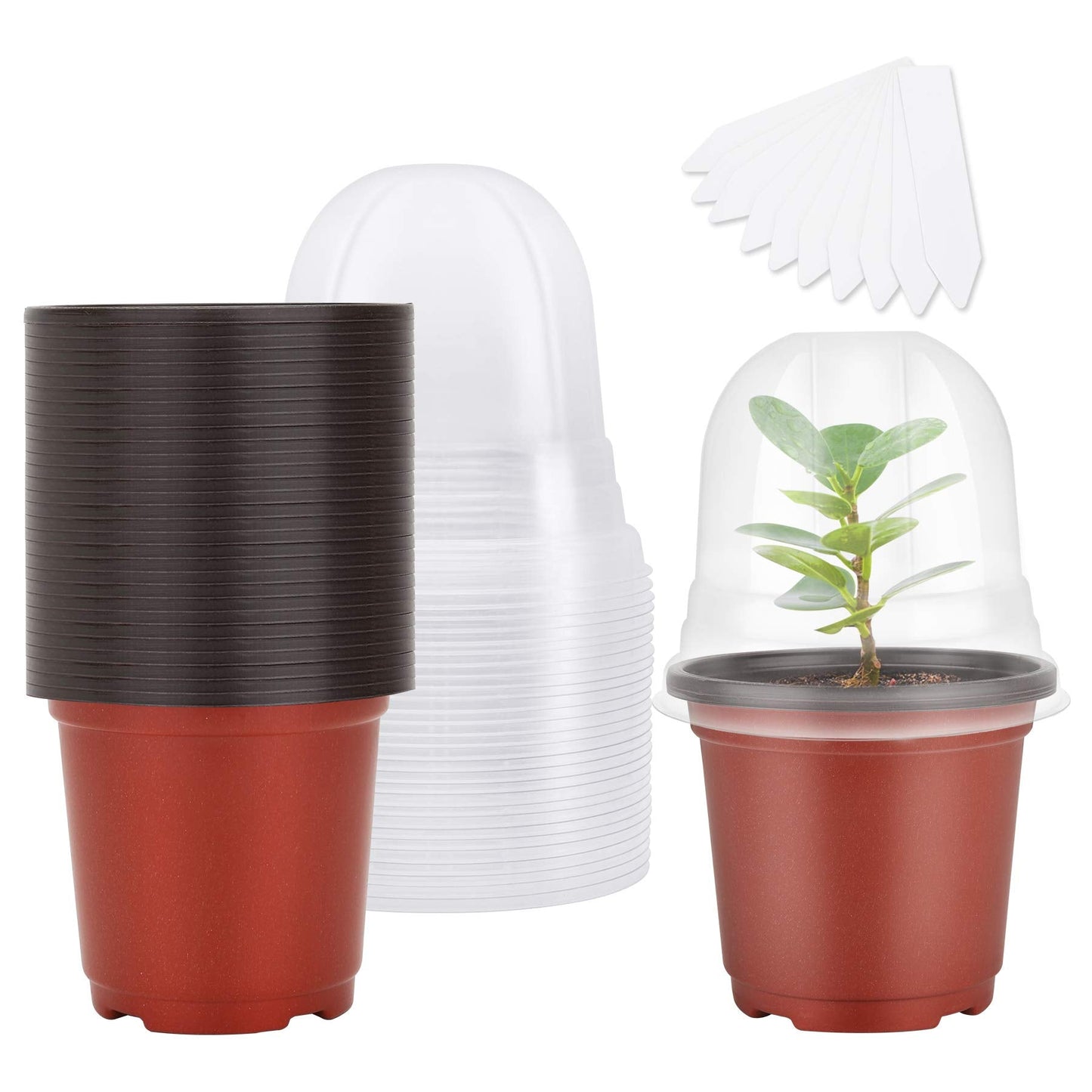 MIXC Plant Nursery Pots with Humidity Dome 4" Soft Transparent Plastic Gardening Pot Planting Containers Cups Planter Small Starter Seed Starting Trays for Seedling with 10pcs Plant Labels，30 Sets