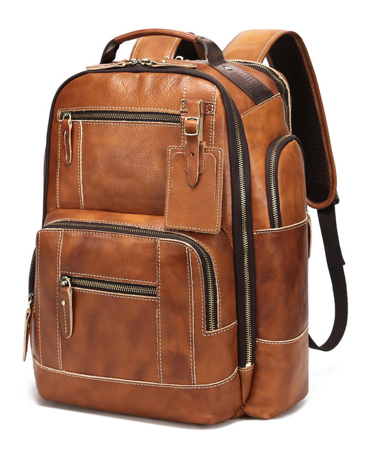 LANNSYNE Vintage Genuine Leather Backpack for Men, 15.6" Laptop Backpack Camping Travel 24L Rucksack