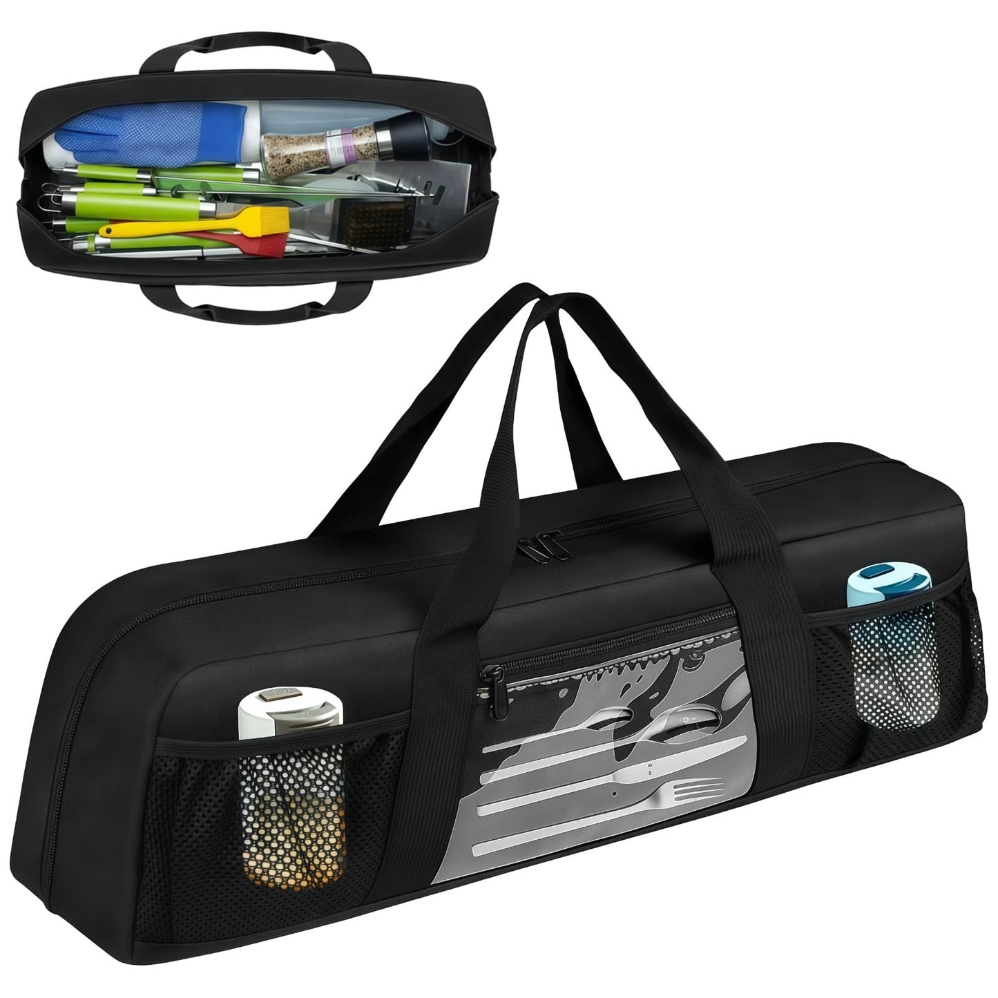 Grill Tool Storage Bag, Outdoor BBQ Utensil Holder for Barbecue Tool up to 20", Large Grill Utensil Storage Caddy with Pockets, BBQ Accessories Case Container for Camping, Bag Only, Black