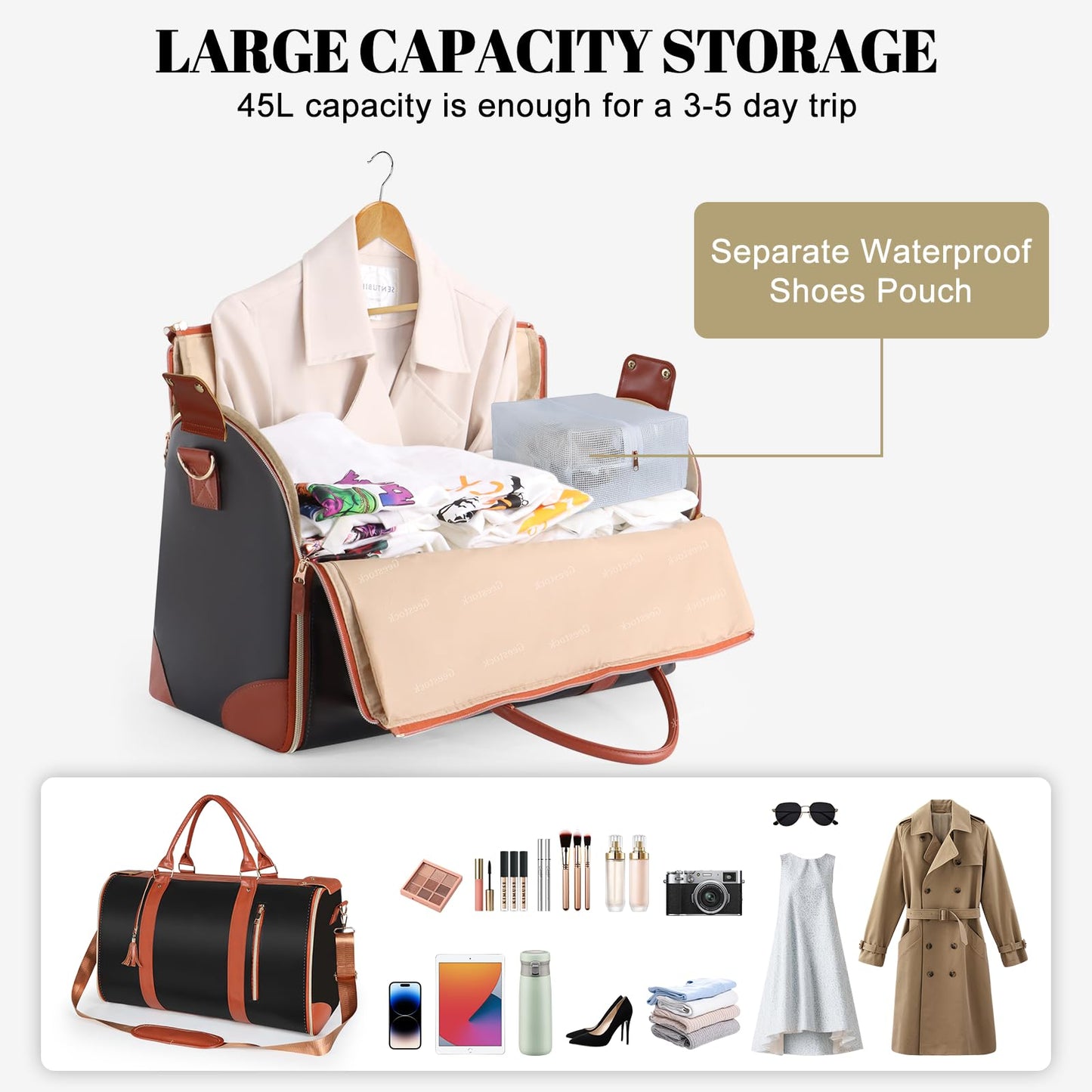 Geestock Garment Duffle Bags for Travel, Convertible Carry On Garment Bag with Shoe Pouch & Shoulder Strap, 2 in 1 Foldable PU Leather Suit Travel Bag for Women & Men, Black