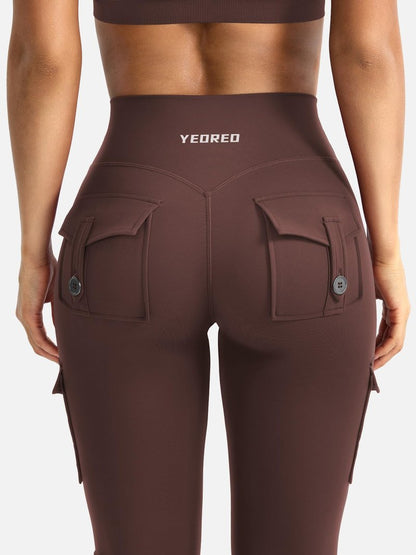 YEOREO CoreFlex Women Workout Flare Leggings with Pockets Hidden Scrunch High Waisted Cargo Gym Yoga No Front Seam Leggings (Chocolate, Small, 30" Inseam)
