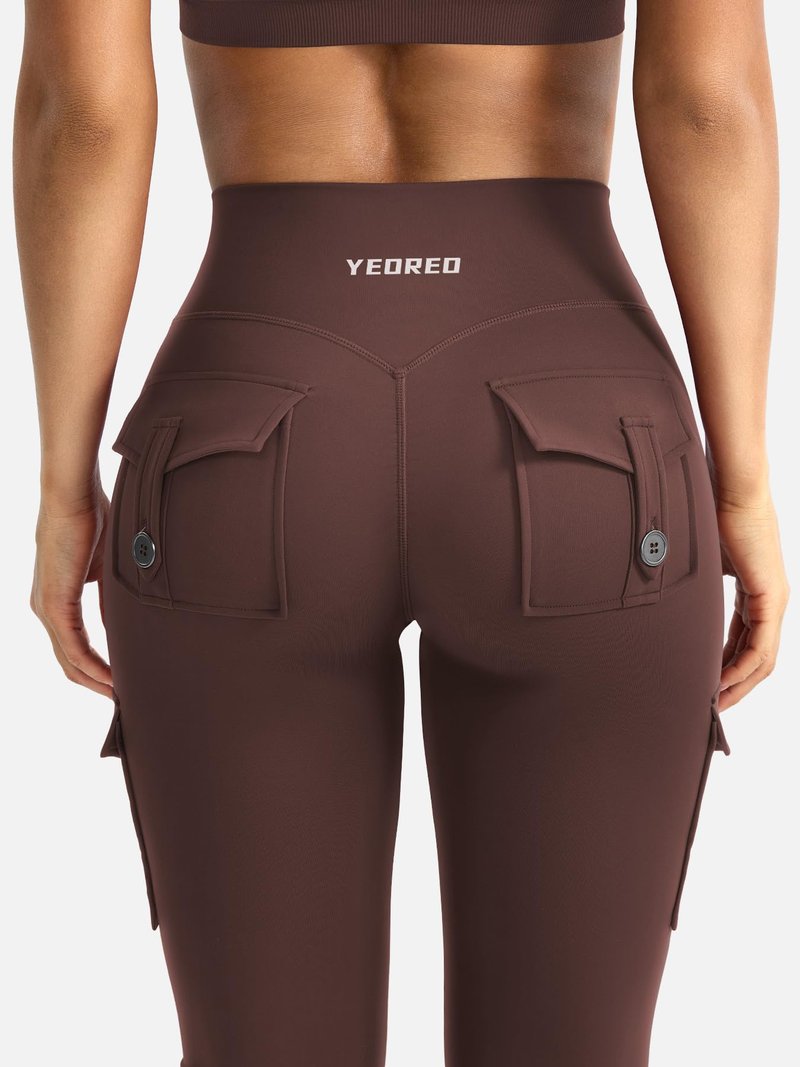 YEOREO CoreFlex Women Workout Flare Leggings with Pockets Hidden Scrunch Cargo Gym Yoga No Front Seam Leggings Chocolate L