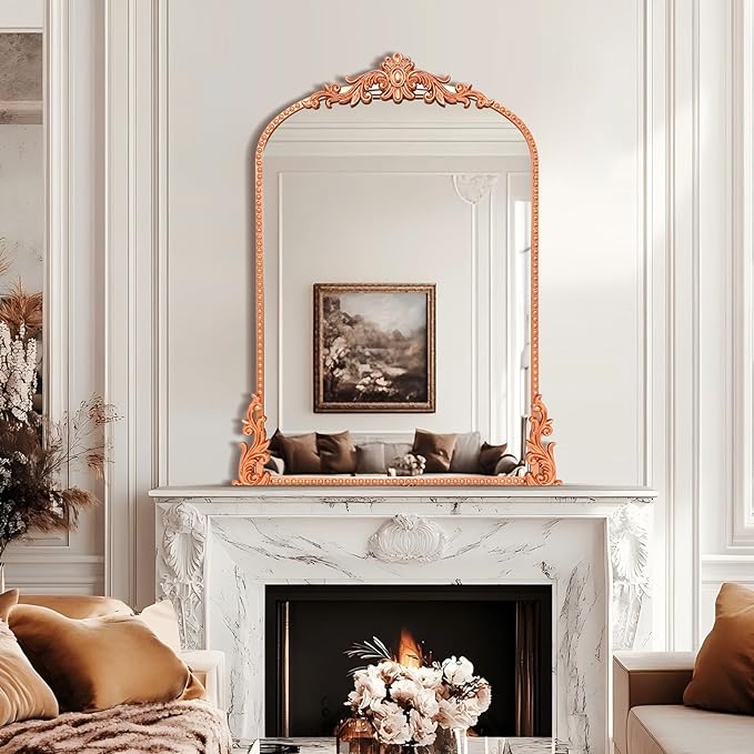 Growsun Arched Mirror, 24’’x36’’ Antique Baroque Traditional Ornate Wall Mirror Decor with Full Metal Frame for Fireplace/Entryway/Living Room/Bathroom