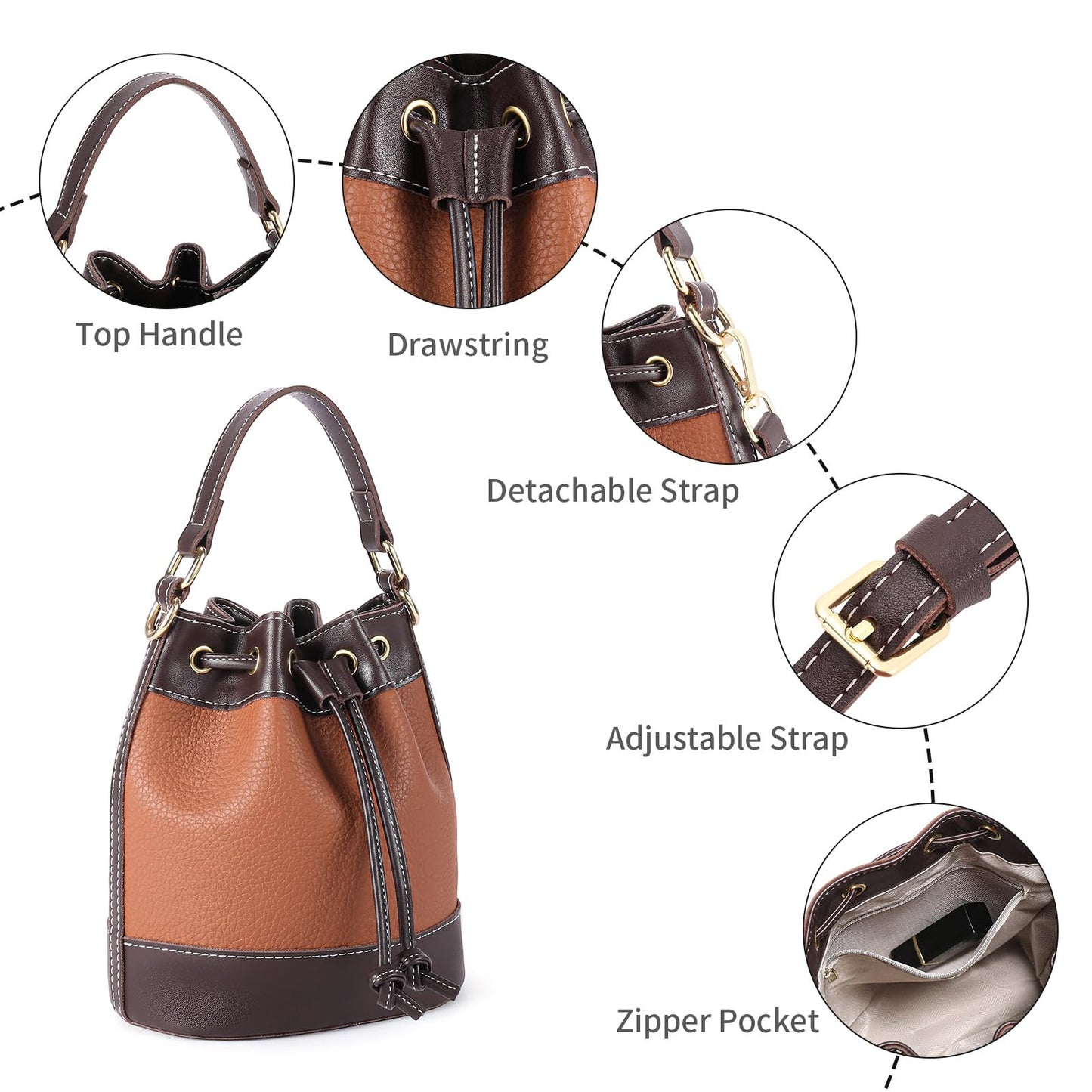 FALAN MULE Small Bucket Bag for Women Vegan Leather Drawstring Crossbody Purse Top Handle Hobo Handbags (Brown)
