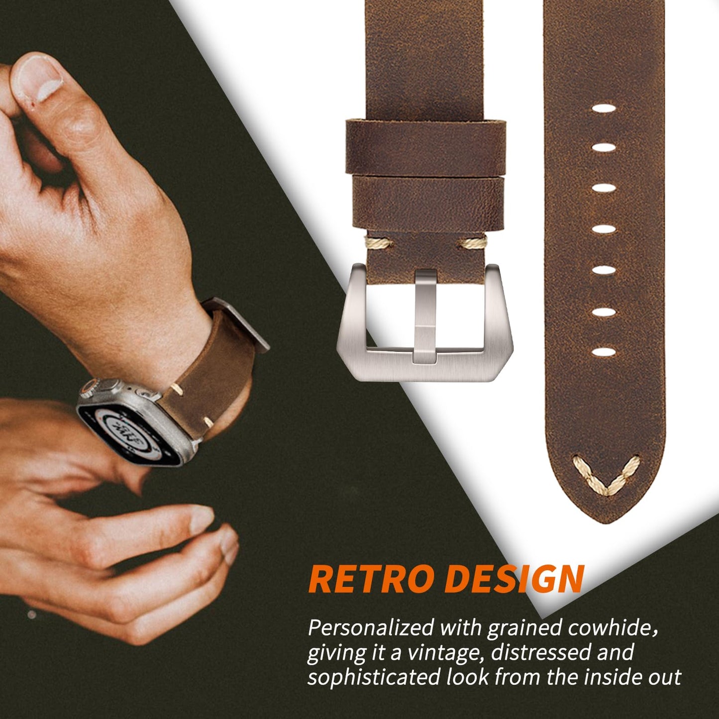 Handmade Double Sided Leather Bands Compatible with Apple Watch Ultra 2/Ultra Band 49mm 46mm 45mm 44mm 42mm ，Men Retro Design Grain Genuine Leather Band For iWatch Series SE 10 9 8 7 6 5 4 3 2 1