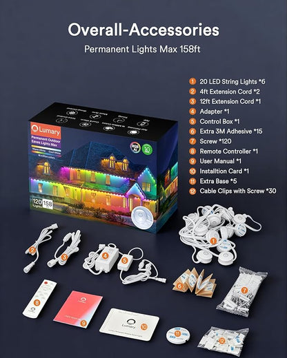 Lumary Permanent Outdoor Lights Max 158ft with 120 LED Eave Lights RGBAICW 7200lm, IP67 Waterproof, IC Control and Scene Modes for Halloween Christmas Decoration, Works with Alexa and Google Assistant