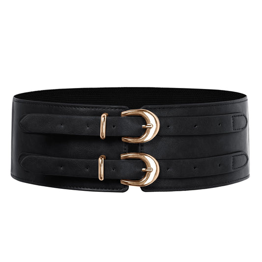 Scarlet Darkness Women's Wide Elastic Belt for Dress Stretchy Corset Belt Double Gold Buckle Waist Belt Black L