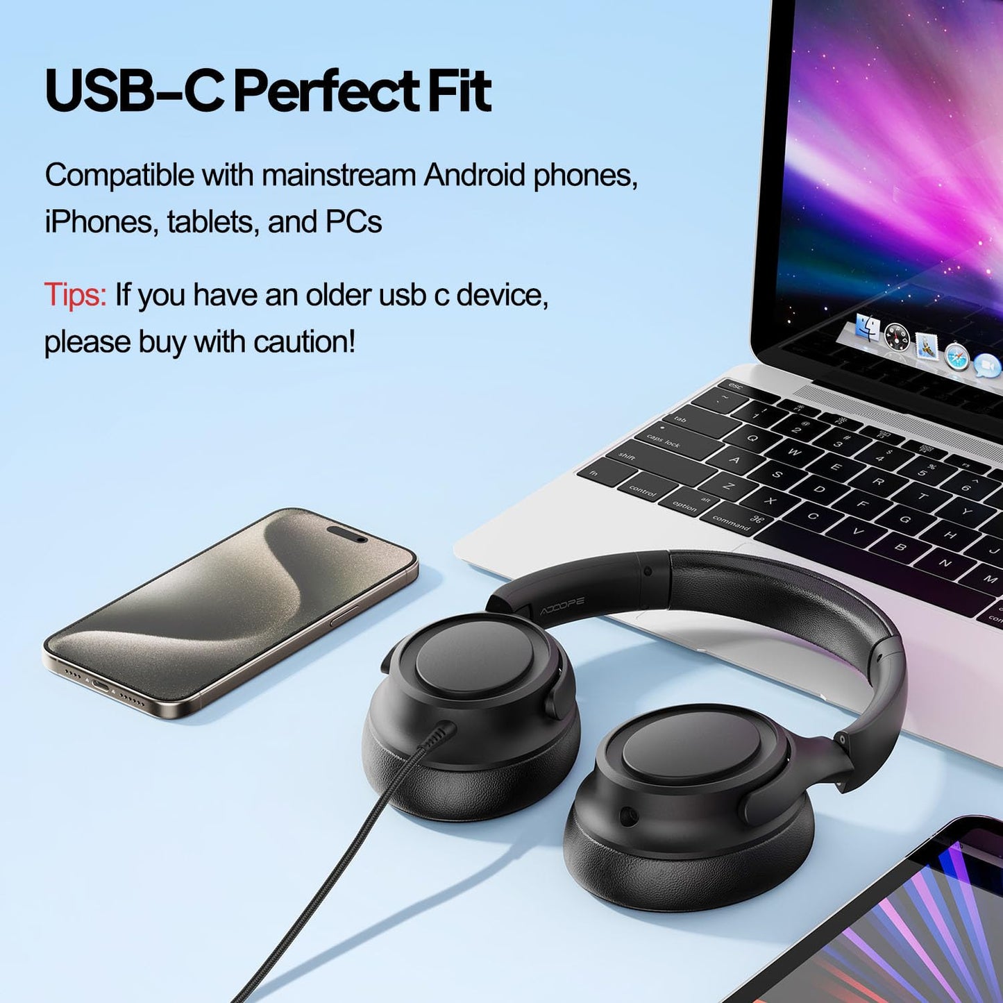 ADOOPE Wired Over-Ear Headphones with USB C Connector, Hi-Fi Stereo Sound, Noise-Isolating Ear Cups, Comfortable Fit for USB C Devices (No Bag, Black)