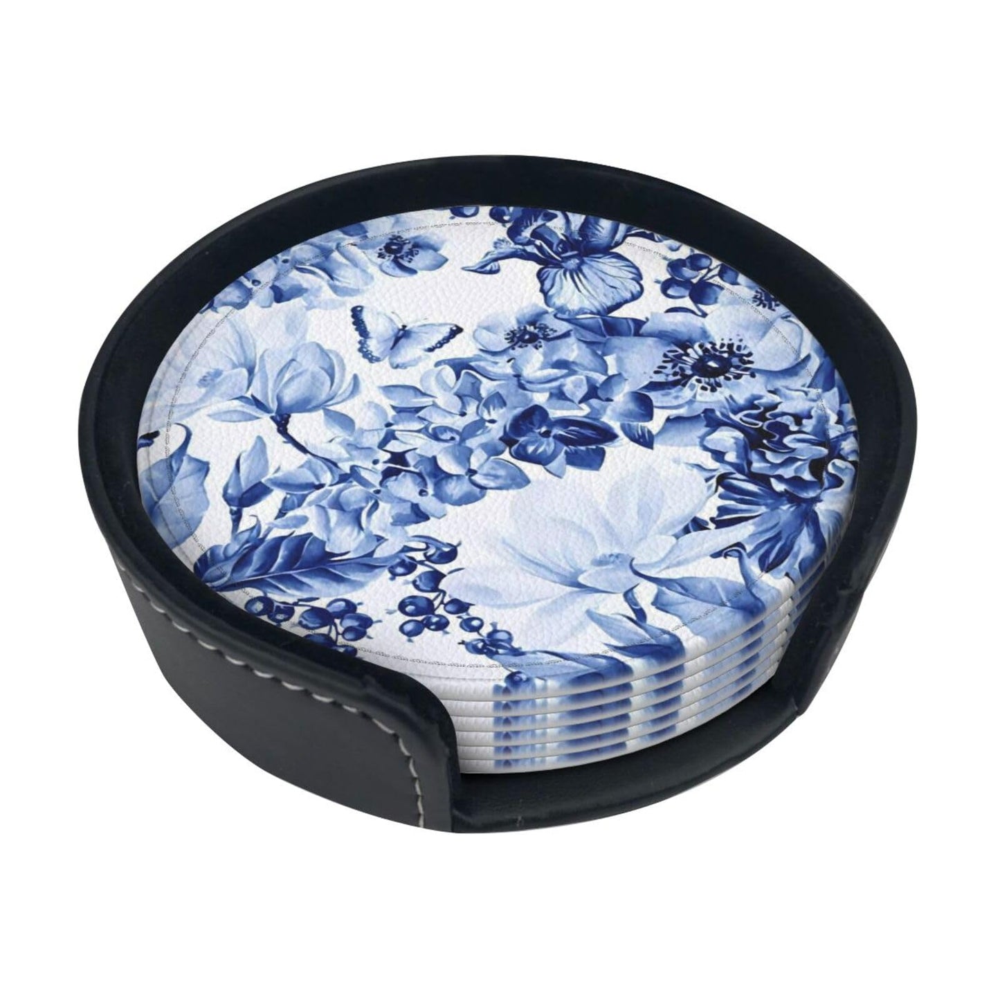 6 Pcs Blue and White Floral Leather Coasters for Drinks with Holder Coaster Sets Drink Table Cup Coasters for Living Room Kitchen Coffee Decor