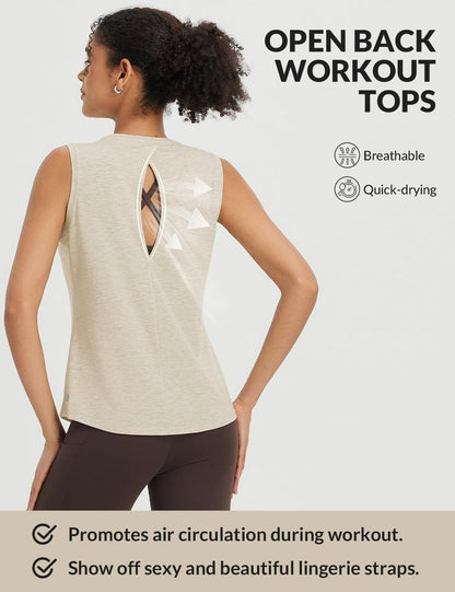 baleaf Yoga Tops for Women High Neck Open Back Workout Tank Tops Sleeveless Shirts Loose Fit Athletic Gym Heather Khaki S