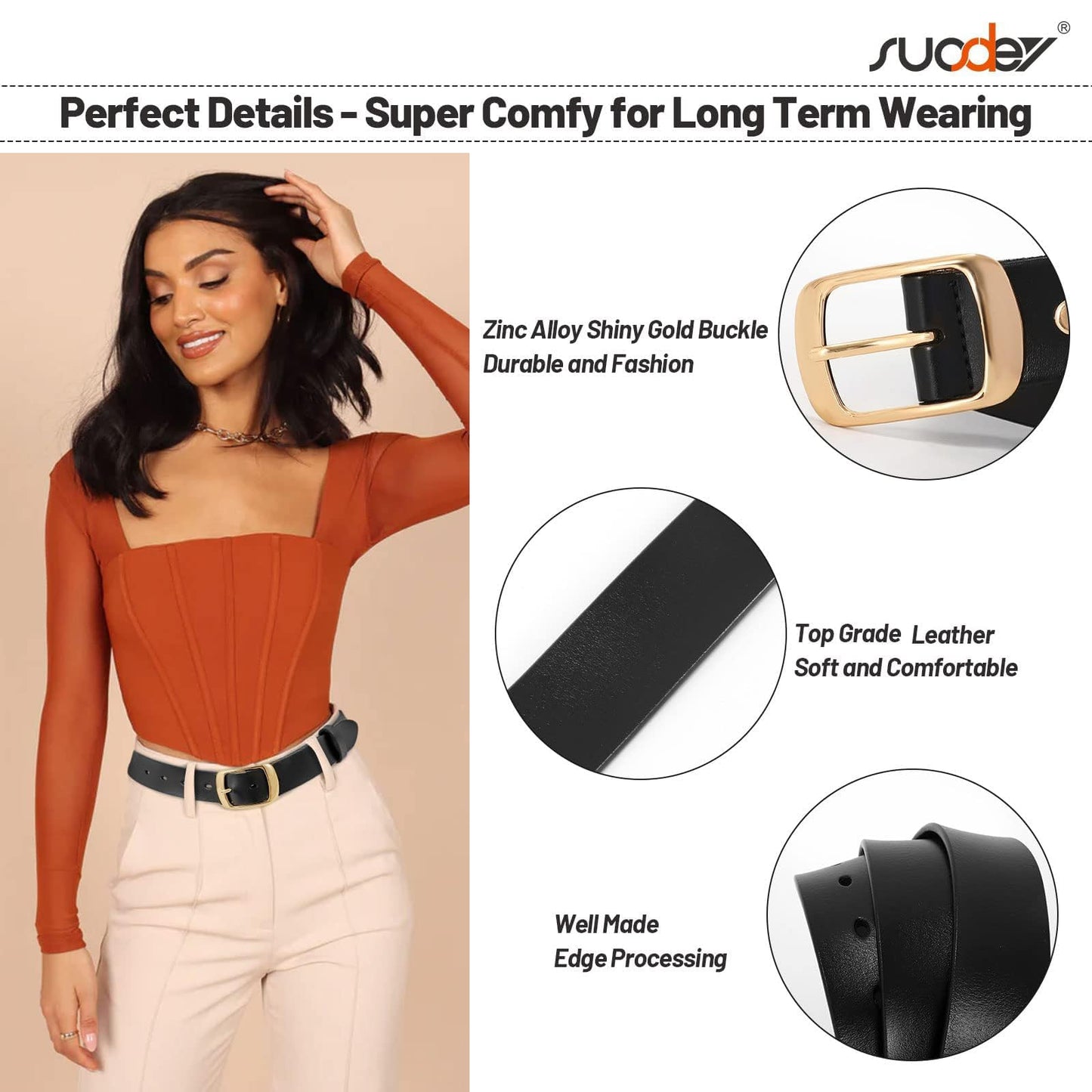 SUOSDEY 3 Pack FashionWomen Belts for Jeans Dresses Pants Ladies Leather Waist Belt with Elegant Buckle, Width 1.3"