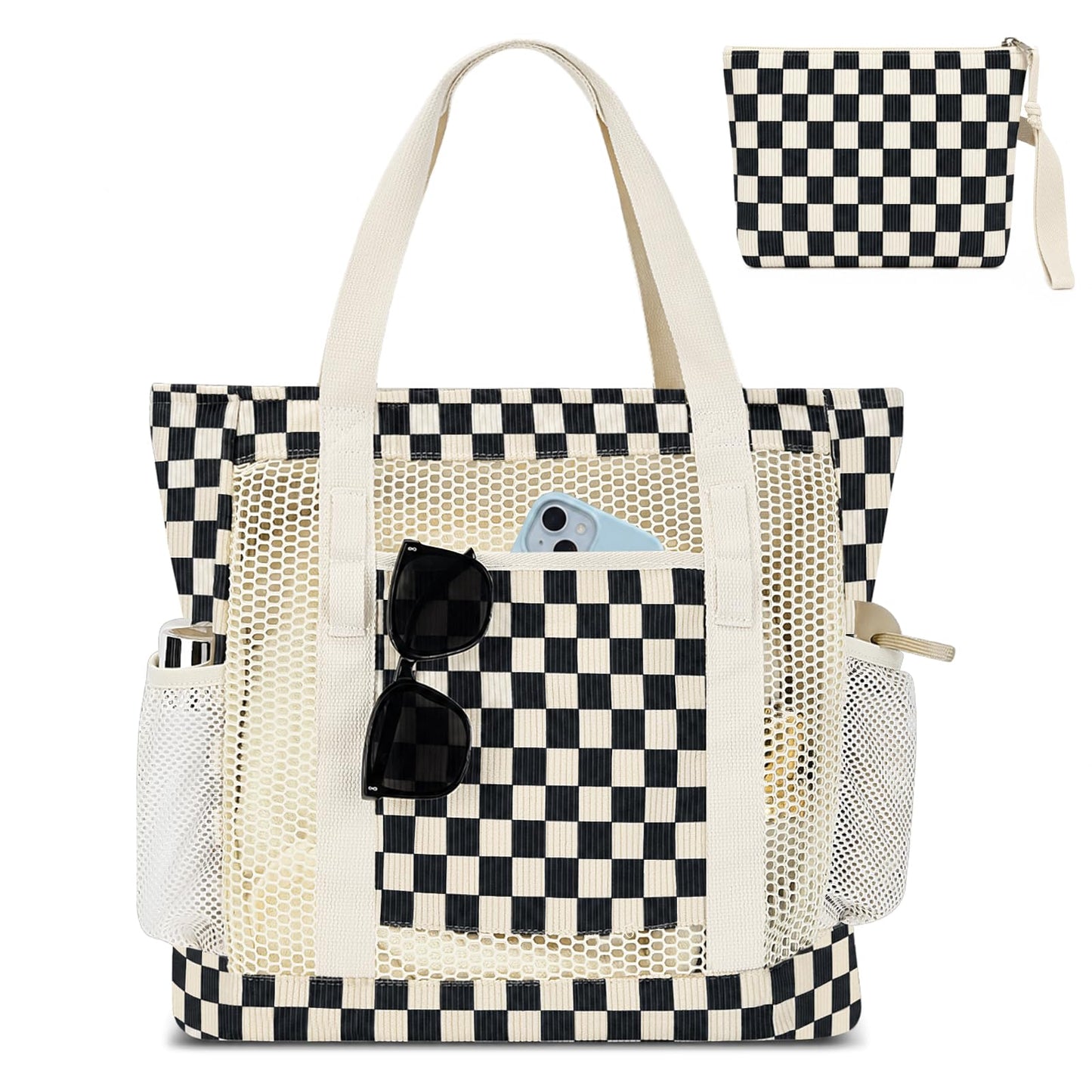 MIAOJIE Mesh Beach Tote Bags for Women Corduroy Tote Bag Sandproof Mesh Beach Bag With Zipper Pocket Pool Bag for Weekender Travel Cruise Swim -Black Plaid