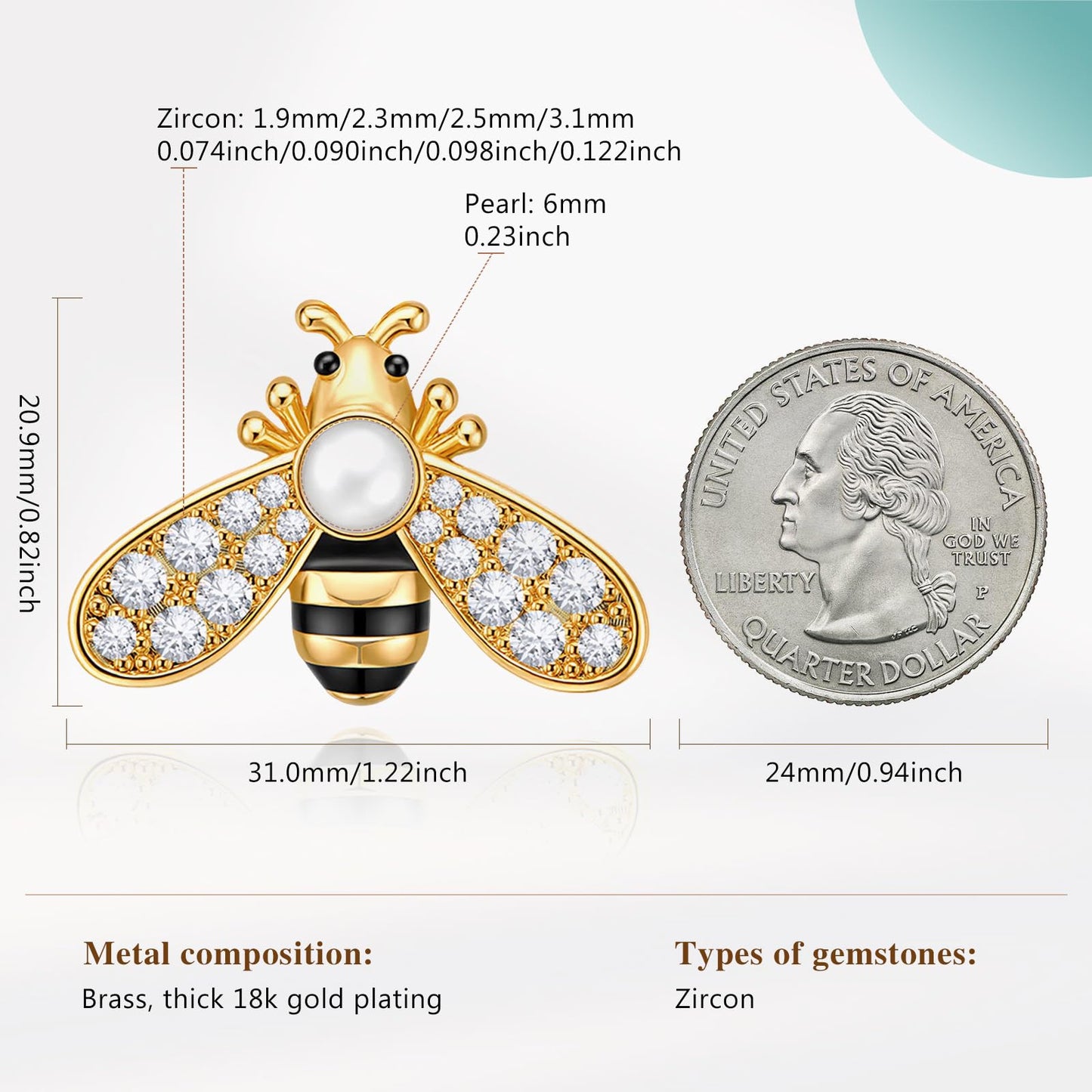 Cicy Bell Womens Bee Brooch Pin 18K Gold Plated Oval Pearl Cubic Zirconia Birthday Pin Vintage Crystal Rhinestone Animal Lapel Pins Trendy Cute Jewelry Gift