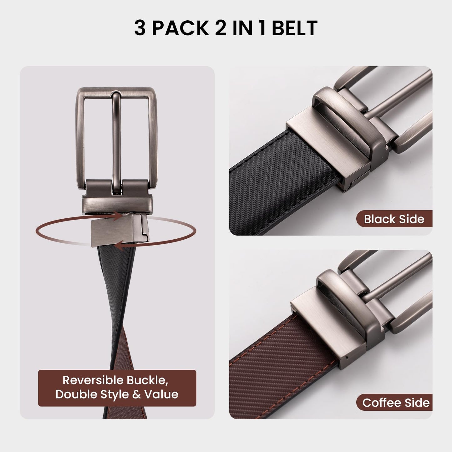LMUGOOS 3 Pack Mens Belt Reversible Genuine Leather Belts - Adjustable & Cuttable 1.2" for Dress, Business, Casual & Jeans | Ideal Gift for Men, Dad, Husband on Birthday, Anniversary & Father's Day