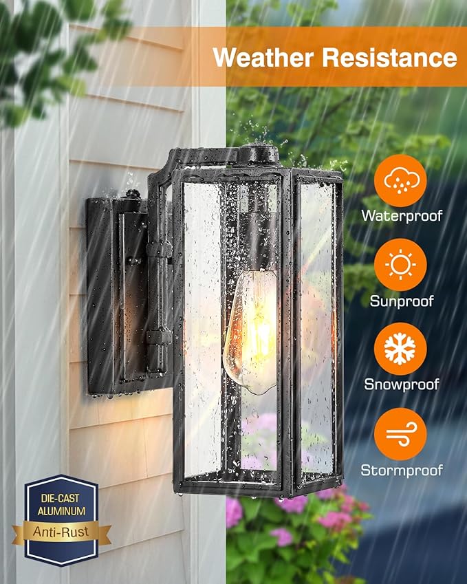 VIANIS Dusk to Dawn Outdoor Wall Lanterns,Black Exterior Light Fixture Wall Mount for House Front Porch,Anti-Rust Aluminium Modern Outdoor Coach Lantern with Tempered Glass Shade for Garage