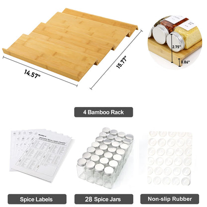 Spice Drawer Organizer with 24 Spice Jars and 216 Labels,Non-slip Rubber, Bamboo 4 Tier Spice Racks Tray Seasoning Containers for Kitchen Drawers,Cabinets,Countertops,13" Wide * 15.8" Deep