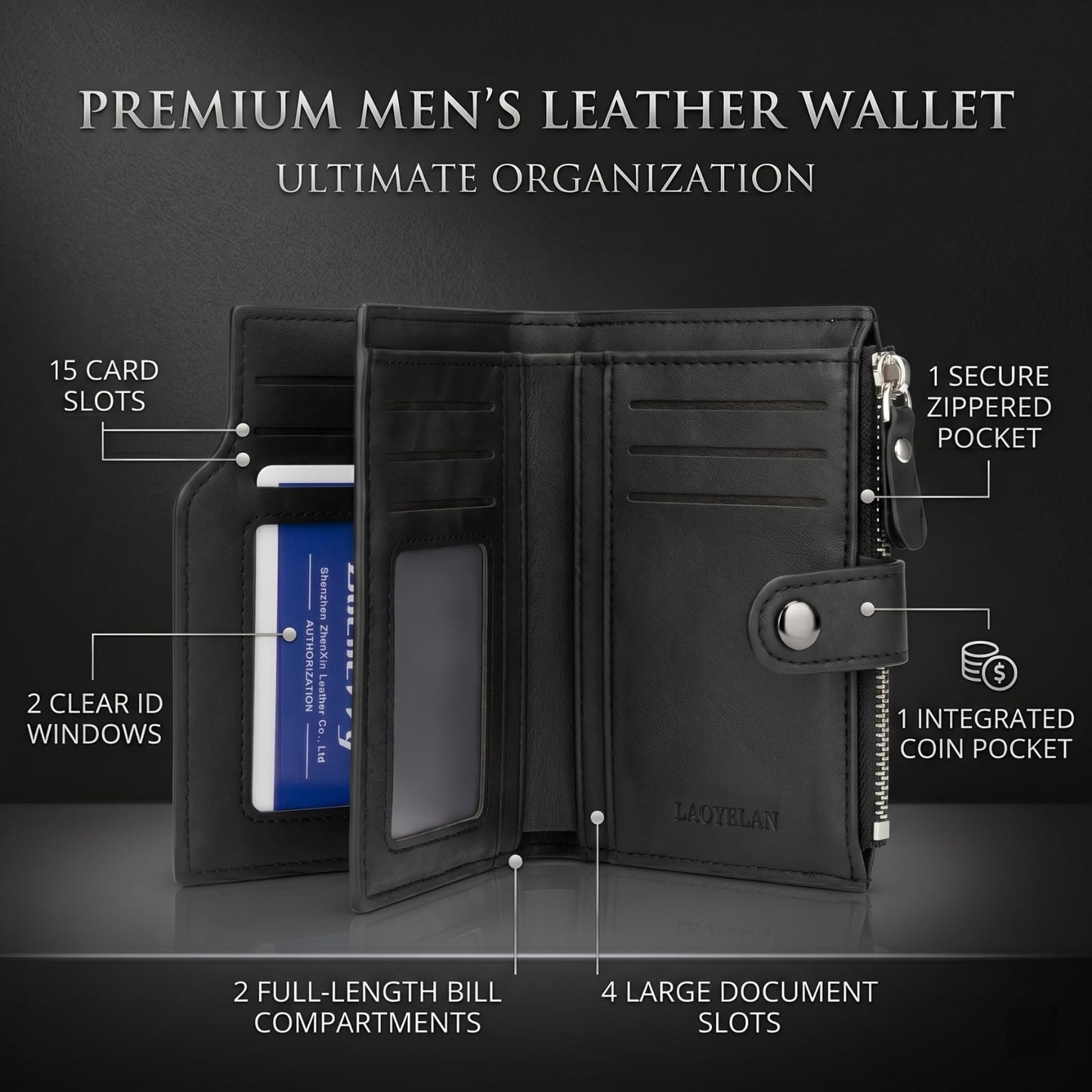 HAISHIDS Men's Trifold Nappa Leather Wallet, 15 Card Slots, RFID Protection, Portrait Format, Black