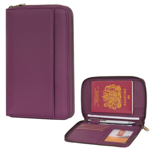 WASON Leather Zipper Travel Passport Wallet Holder RFID Blocking Cover, Passport case Pocket Slot for Card, Cash, ID, Boarding Pass and Ticket for Men, Women and Family Trips (Purple)