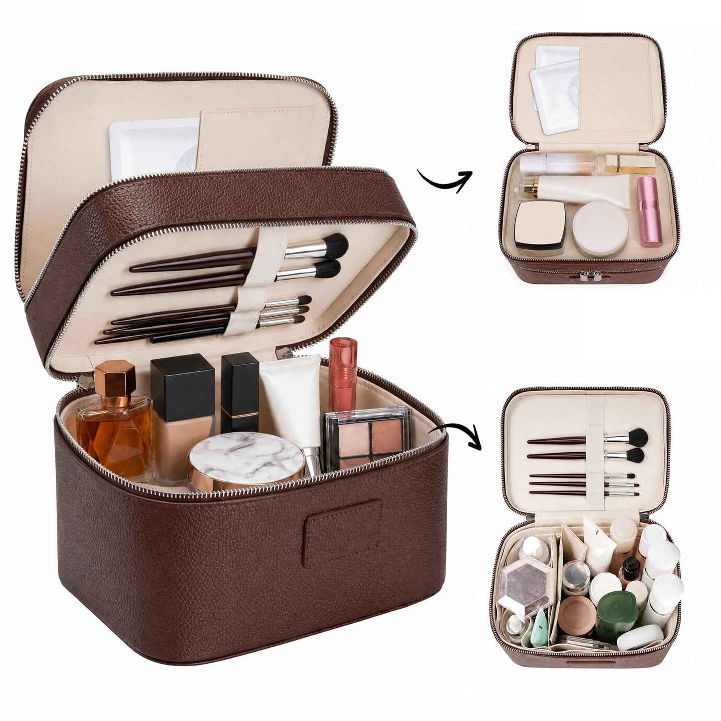 idoltimes Makeup Case, Large Capacity Leather Makeup Bag for Women,Large Capacity Waterproof Double Leather Cosmetic Case,Removable Compartment Travel Organizer