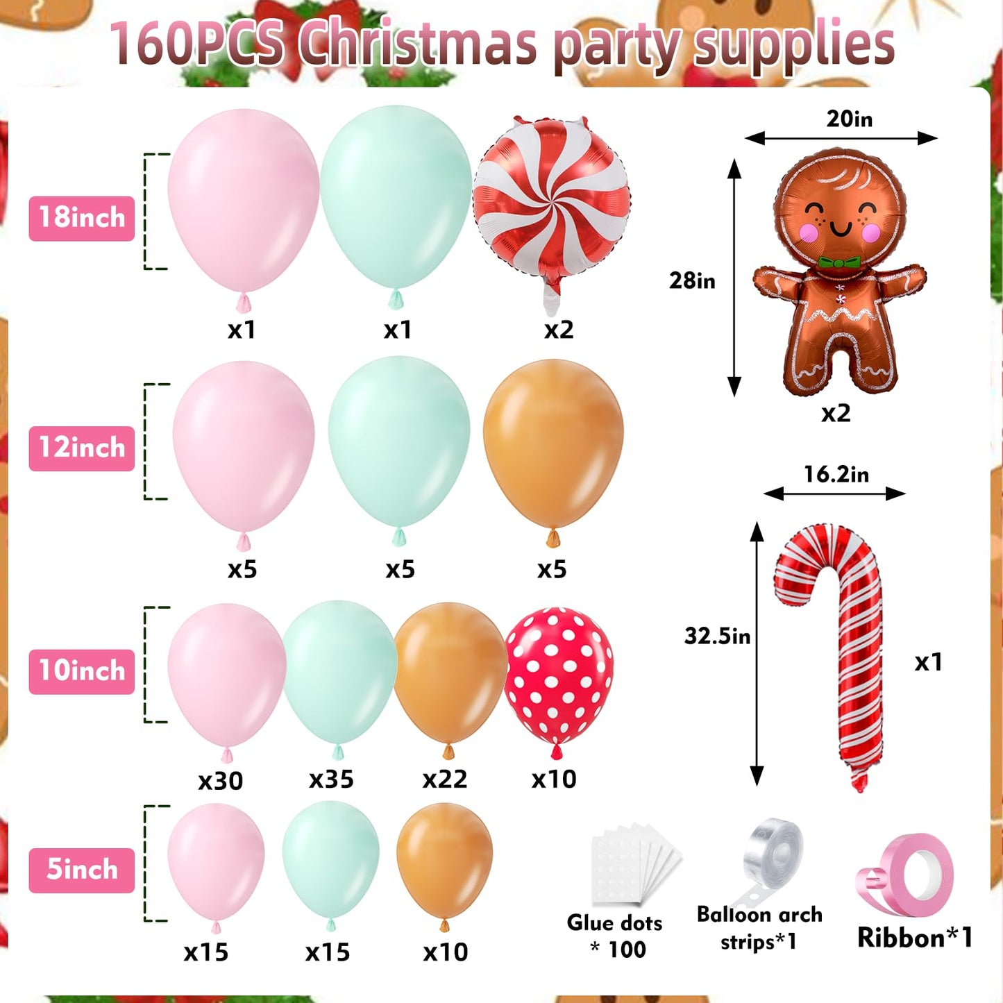 PTGOLUO 160Pcs Christmas Balloon Arch Garland Kit Xmas Pastel Pink Green Brown Latex Balloons Gingerbread Man Candy Cane Foil Balloons Arch Kit for Christmas New Year Party Birthday Party Decorations