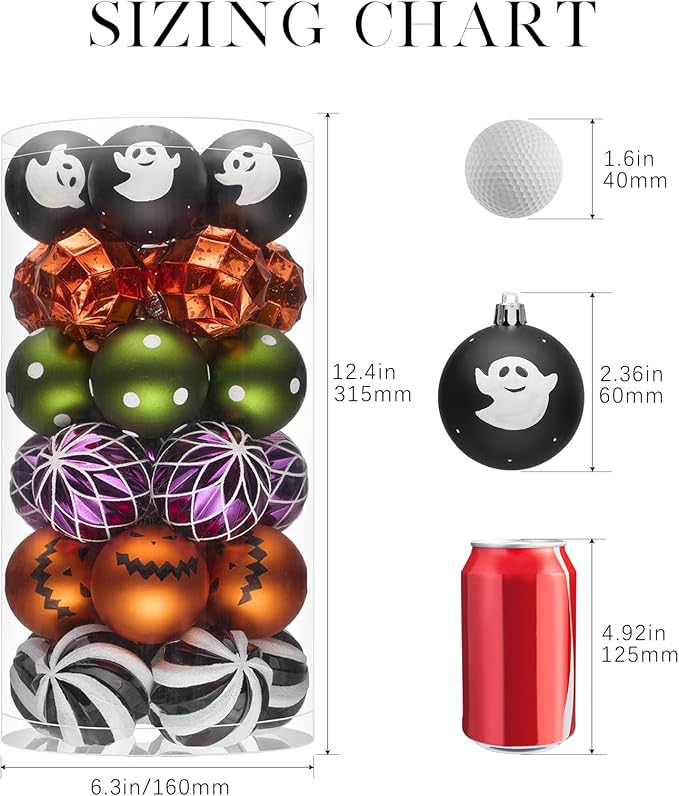 JORNOY Halloween Ornaments Set, Shatterproof Plastic Hanging Baubles for Tree with Lanyard, Balls Baubles for Home Holidays Decor, 2.36 inch/60mm, Ghost