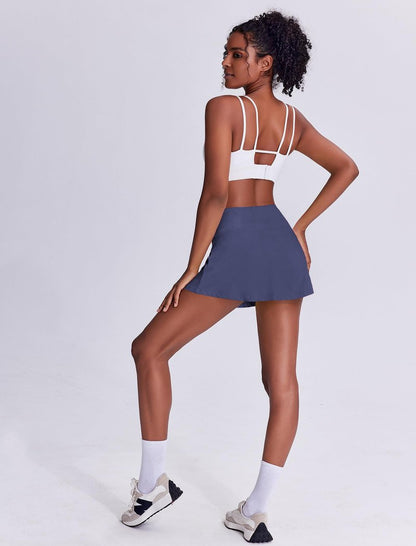 PINSPARK Skorts Pleated Tennis Skirt Women Athletic Skorts Tummy Control Golf Skirts with Pocket,Navy Blue Medium