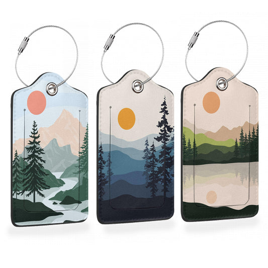 3 Pcs Luggage Tag for Suitcases,Mountain and Tree Sunset Landscape Leather Baggage Tags Identifiers for Travel,Privacy Protection Travel Bag Labels Suitcase Tags for Women Men