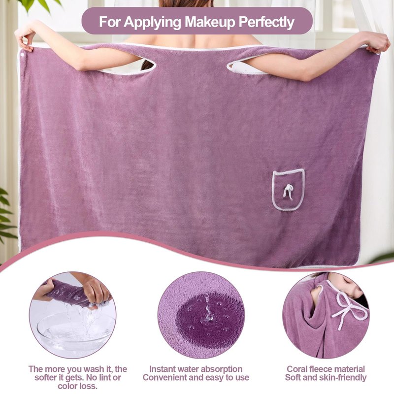 Unisex Bath Towel, Wearable After Bath Towel Set, Wearable Quick Dry Shower Gym Towel(53" x 31", Purple)