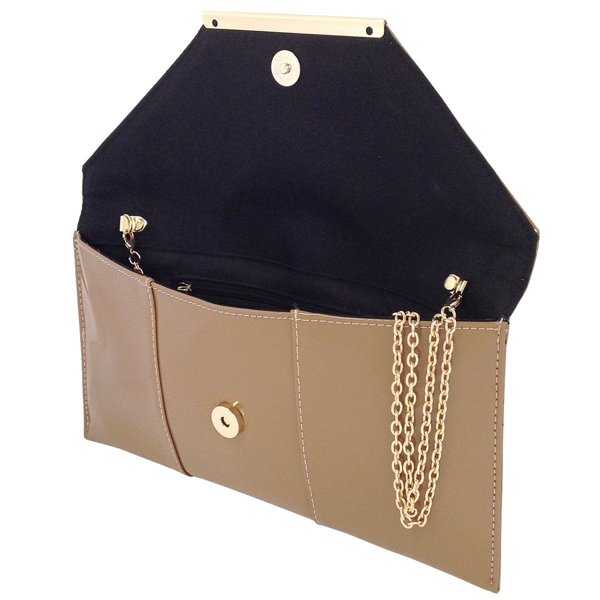 JNB Faux Patent Leather Envelope Clutch Purse for Women, Candy Evening Bag with Detachable Gold Chain Strap, Snap Closure, Zipper Pocket, Slim Formal Handbag, Taupe