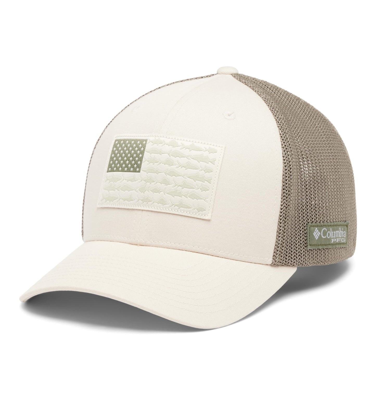 Columbia Unisex PFG Fish Flag Mesh Ball Cap, Stone/Cypress/US Fish Flag, L/XL