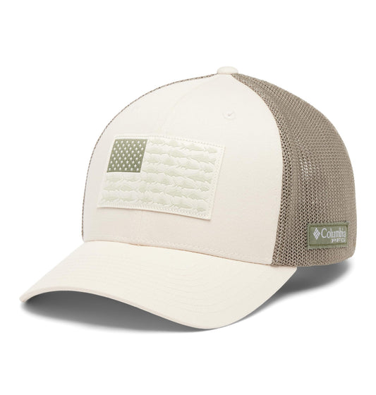 Columbia Unisex PFG Fish Flag Mesh Ball Cap, Stone/Cypress/US Fish Flag, L/XL