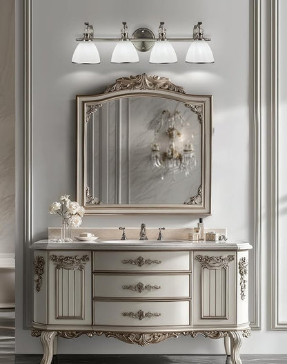 ANDY STAR Bathroom Light Fixtures Over Mirror, 4-Light Brushed Nickel Vanity Lights for Bathroom, 27.8 Inch Vintage Wall Sconce with Milk White Bell Glass Shades, Rustproof Silver Finish, E26 Base