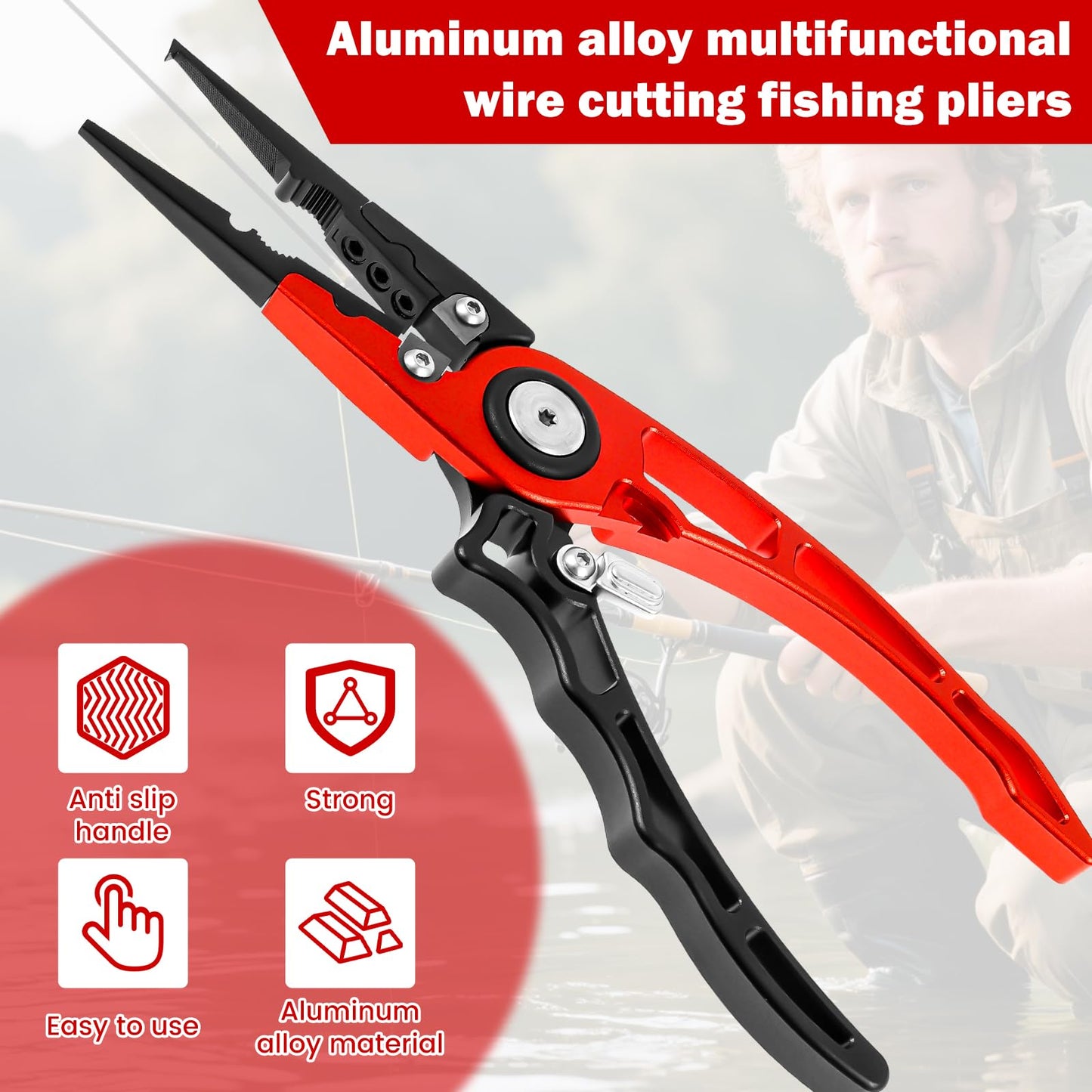 MABCIRY Aluminum Alloy Fishing Pliers with Canvas Sheath and Coiled Lanyard, Lightweight Fishing Tool with Safety Lock, Saltwater Resistant Fish Gear for Catch Fresh and Marine Fish