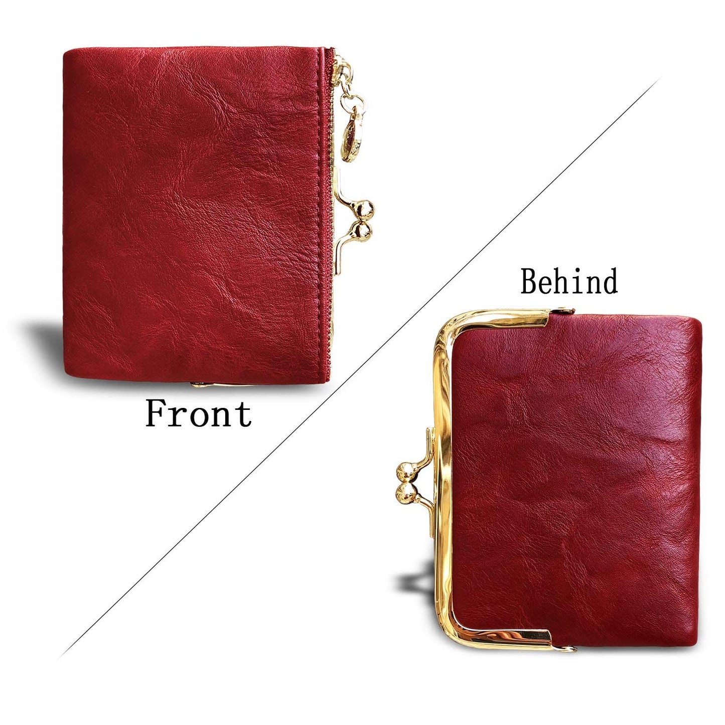PofeeXIO Womens Wallet RFID Small Compact Bifold Leather Vintage Wallet,Ladies Coin Purse with Zipper and Kiss Lock (Red)