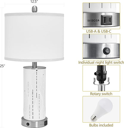 Ceramic Engraved Translucent Light Decorative 25" Table Lamps Set of 2 with Nightlight,E26 Socket&Rotary Switch,USB A+C Ports,Modern Bedside Lamps for Nightstand,Bedroom(Bulbs Included)