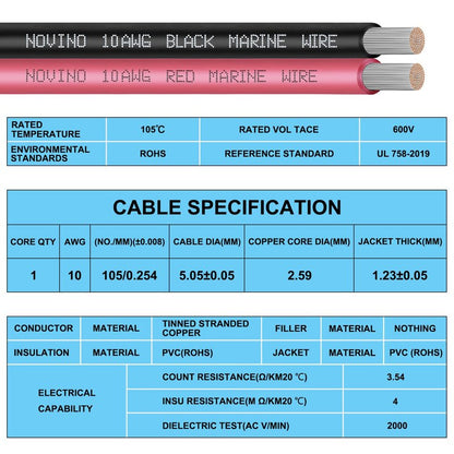 Marine Wire 10 Gauge Marine Grade Wire Include 10 AWG 100FT Red & 100FT Black,10 AWG Tinned Copper Boat Cable for Boat Speaker Automotive Battery Lighting Outdoor RV Camper Trailer