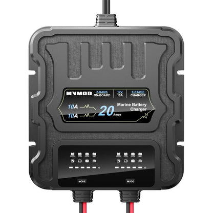 MVMOD 2 Bank Marine Battery Charger, 20A (10A/Bank) 12V IP68 Waterproof Lithium Onboard Battery Charger for SLA/AGM, Lithium(LiFePO4), Calcium Batteries