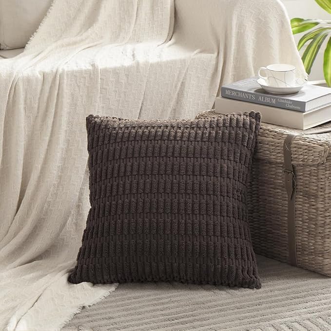 Fancy Homi Dark Brown Decorative Throw Pillow Covers 18x18 Inch for Living Room Couch Bed Sofa, Rustic Farmhouse Boho Home Decor, Soft Striped Corduroy Square Cushion Case 45x45 cm