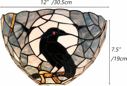 Bieye L10958 Raven Sitting on Tree Branch Against Full Moon Tiffany Style Stained Glass Wall Sconces Light Fixture for Home Decor