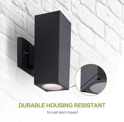 ASD 2 Light Square Outdoor Wall Light Fixture | 120W E26 Socket 120V ETL Cylinder Up Down Lights | LED/CFL/Incandescent Bulb Exterior Wall Sconce | Front Door, Porch, Patio Lighting | Black