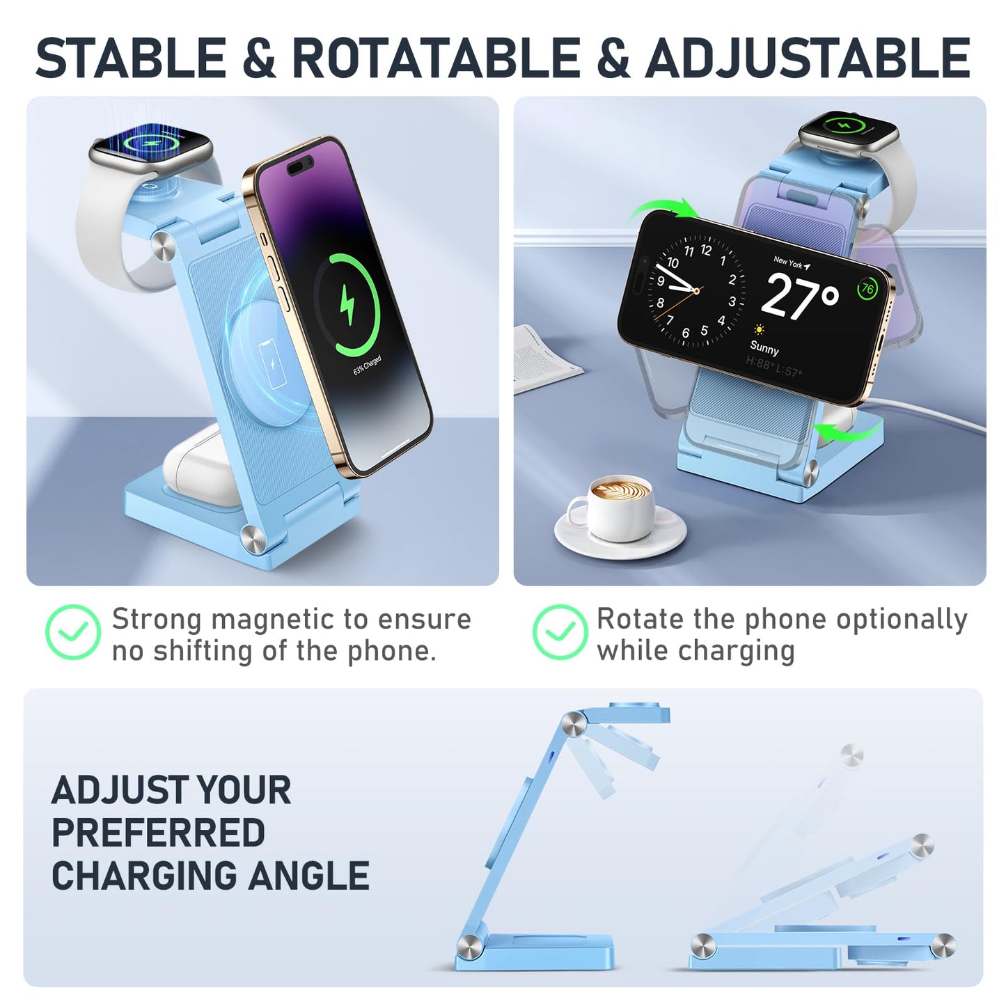 Magnetic Wireless Charger Stand, 3 in 1 Foldable Wireless Charging Station with 20W Adapter, Travel Charger for Multiple Devices for iPhone 17 16 15 14 13 12 Pro/Max/Plus/Mini, iWatch, AirPods