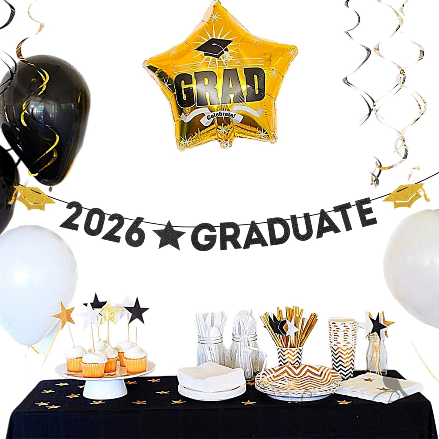 Black White-Gold Party-Decoration Graduation Banner - 8pcs Kits Cap Garland Streamers, Paper Tissue Pom Poms Flowers, 2026 Graduate Banner Congratulations Grad Decor Lasting Surprise