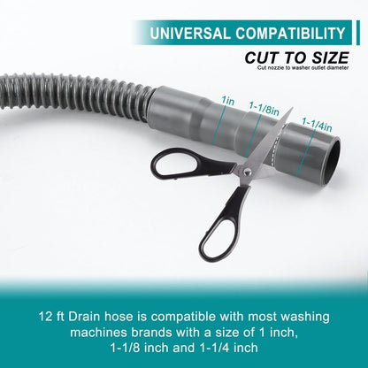 TOMOON 12Ft Universal Washing Machine Drain Hose Flexible Extension Hose with Clamp,Industrial Grade Polypropylene Corrugated,Fit for Most Household Washing Machines(10-Years Warranty)