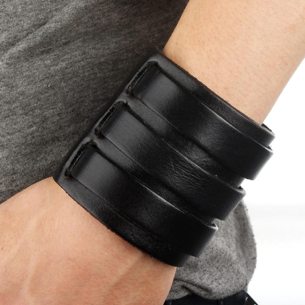 EVER FAITH 3 Layer Wide Belt Synthetic Leather Men Wristband Black Bracelet Unisex Couple